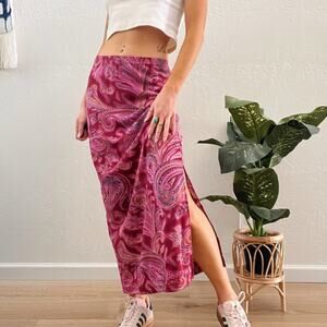 Vintage 1990's Side Slit Maxi Slip Skirt Pink Paisley Print